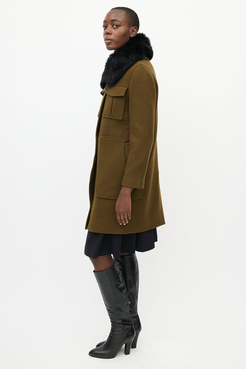 Theory Khaki Green 
Black Fur Collar Coat