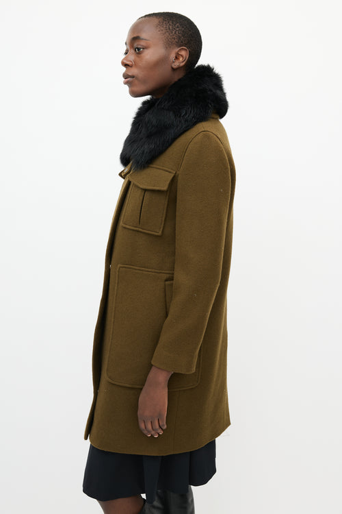 Theory Khaki Green 
Black Fur Collar Coat