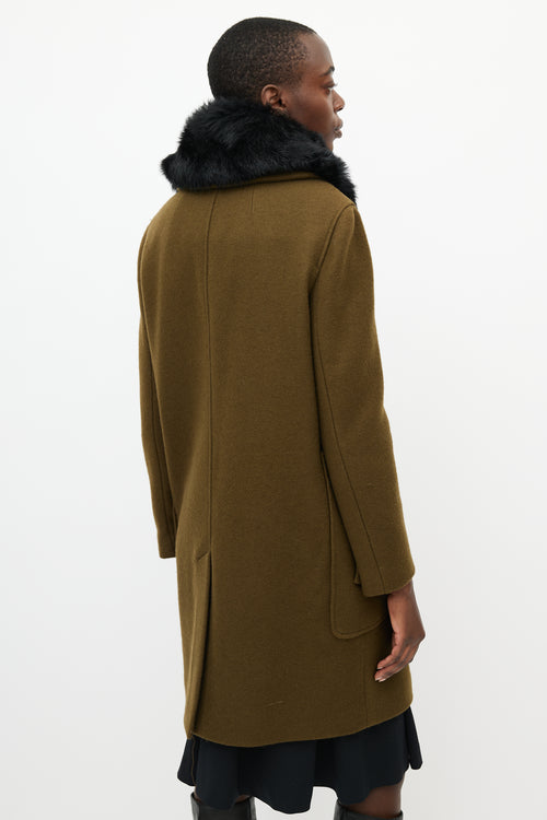 Theory Khaki Green 
Black Fur Collar Coat