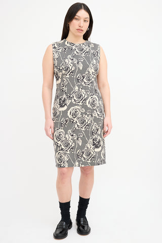 Thom Browne Black 
Cream Floral Sheath Dress