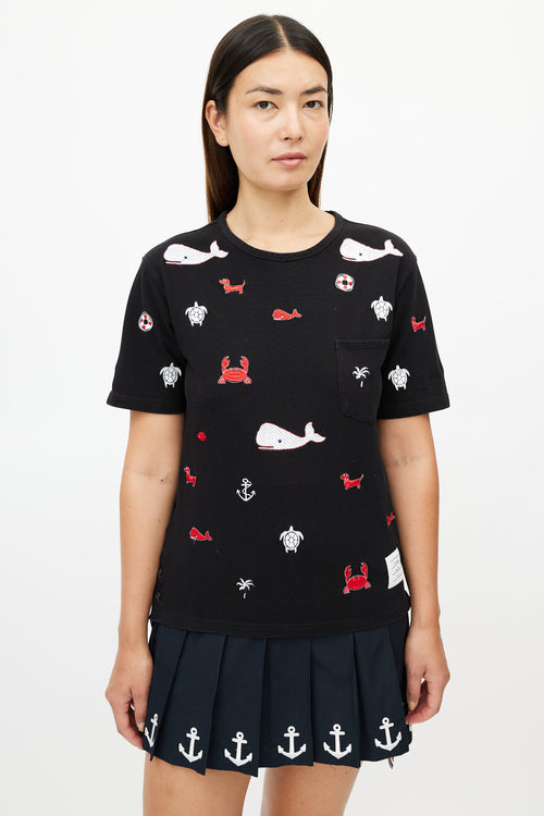 Thom Browne Black 
Multicolour Embroidered T-Shirt