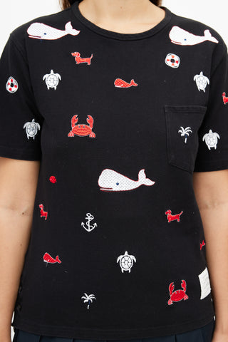 Thom Browne Black 
Multicolour Embroidered T-Shirt