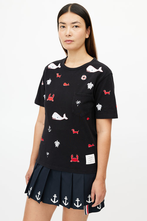 Thom Browne Black 
Multicolour Embroidered T-Shirt