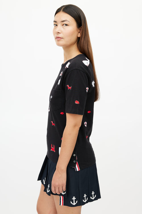 Thom Browne Black 
Multicolour Embroidered T-Shirt