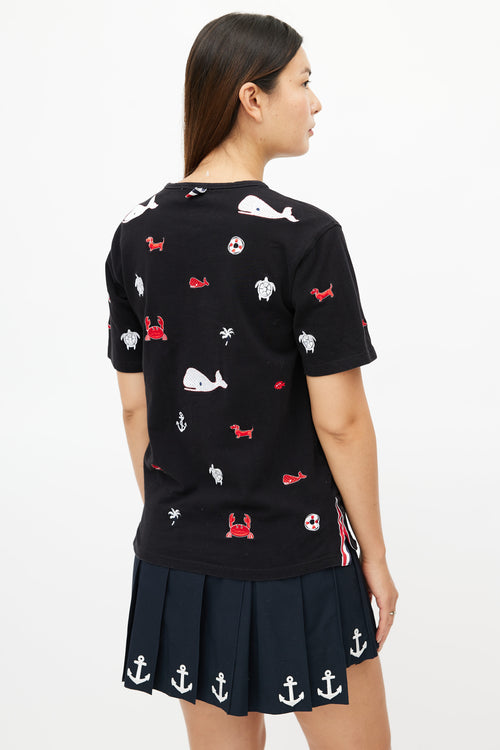 Thom Browne Black 
Multicolour Embroidered T-Shirt