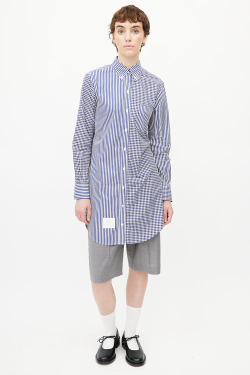 Thom Browne Blue 
White Plaid Extended Shirt