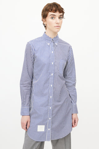 Thom Browne Blue 
White Plaid Extended Shirt