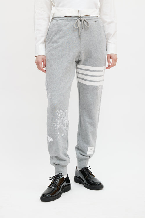 Thom Browne Grey 
White Floral Embroidered Jogger