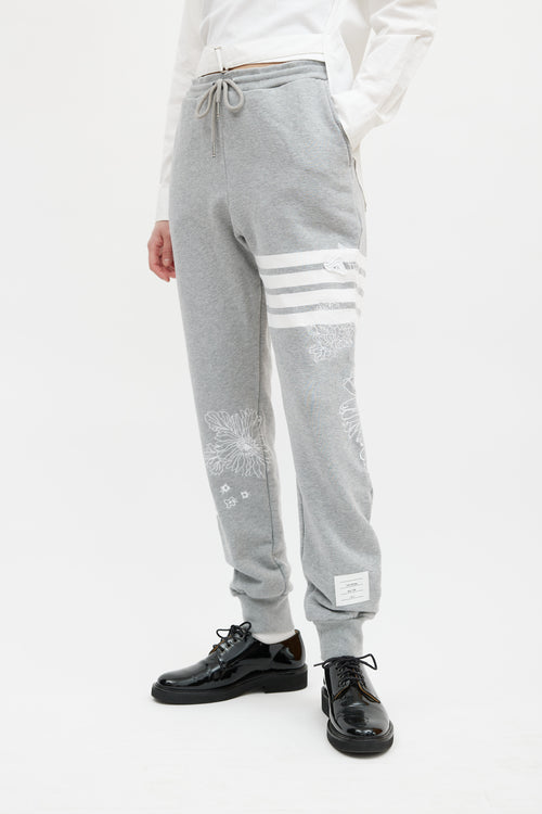 Thom Browne Grey 
White Floral Embroidered Jogger