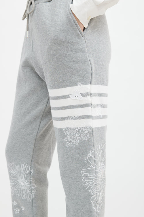 Thom Browne Grey 
White Floral Embroidered Jogger