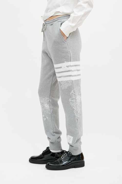 Thom Browne Grey 
White Floral Embroidered Jogger