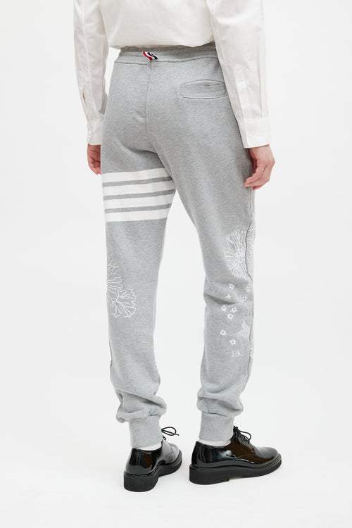 Thom Browne Grey 
White Floral Embroidered Jogger