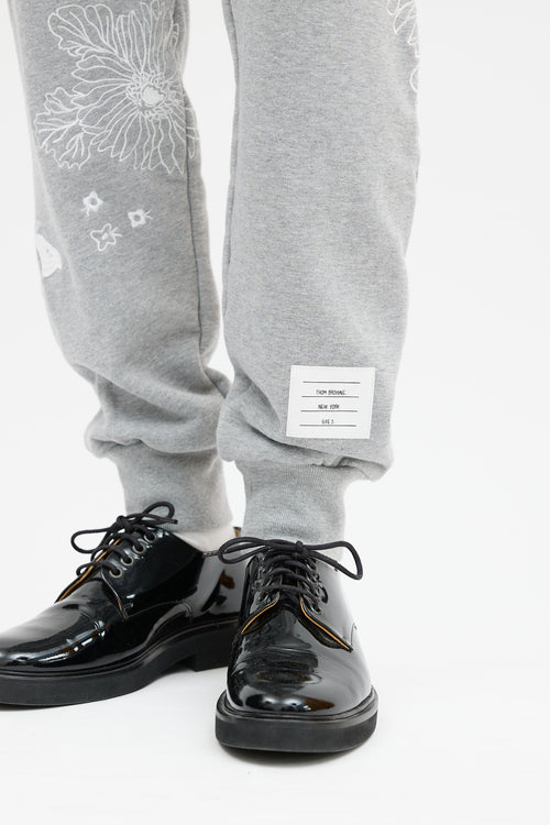 Thom Browne Grey 
White Floral Embroidered Jogger