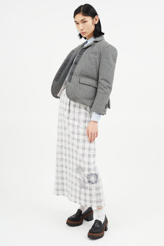 Thom Browne Grey 
White Plaid 
Floral Midi Skirt