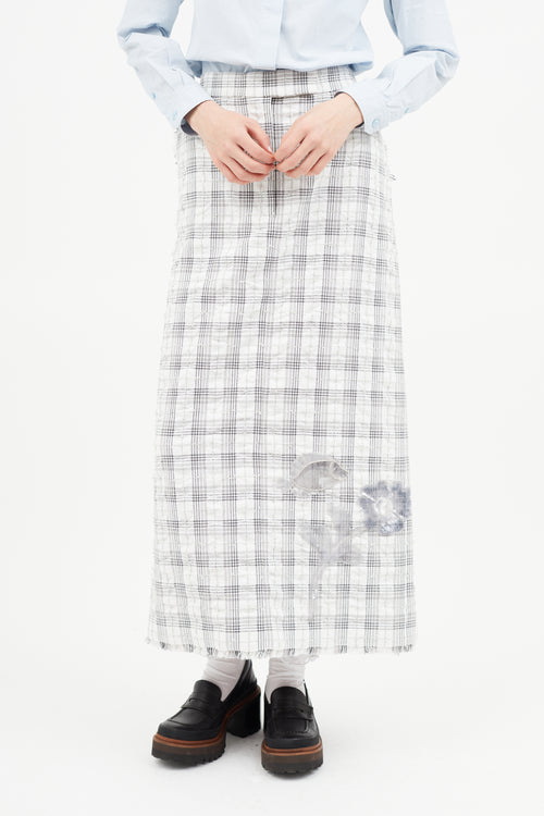 Thom Browne Grey 
White Plaid 
Floral Midi Skirt