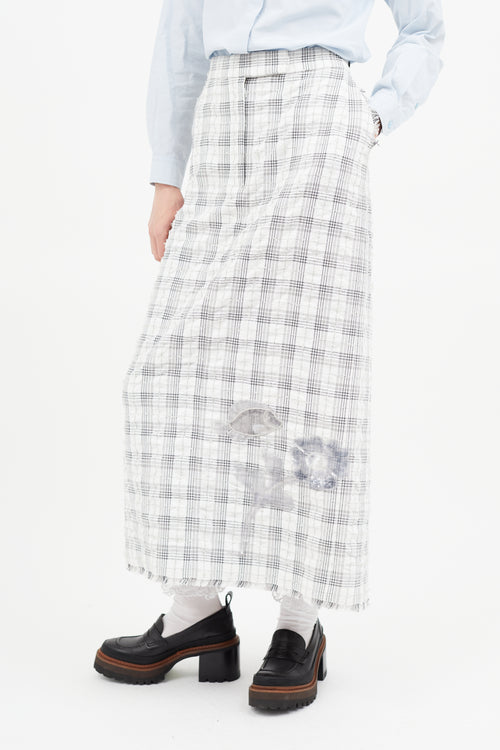 Thom Browne Grey 
White Plaid 
Floral Midi Skirt