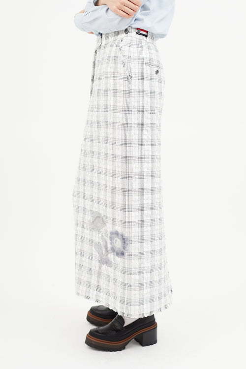 Thom Browne Grey 
White Plaid 
Floral Midi Skirt