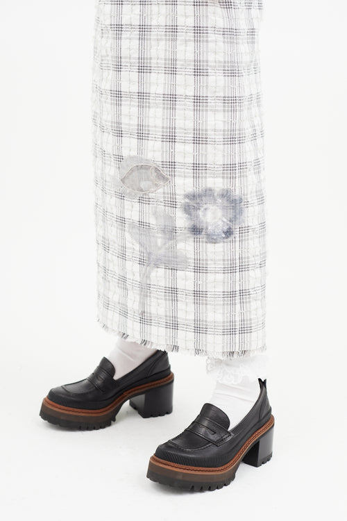 Thom Browne Grey 
White Plaid 
Floral Midi Skirt