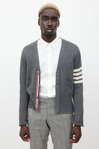 Thom Browne Grey 
White Striped Cashmere Cardigan