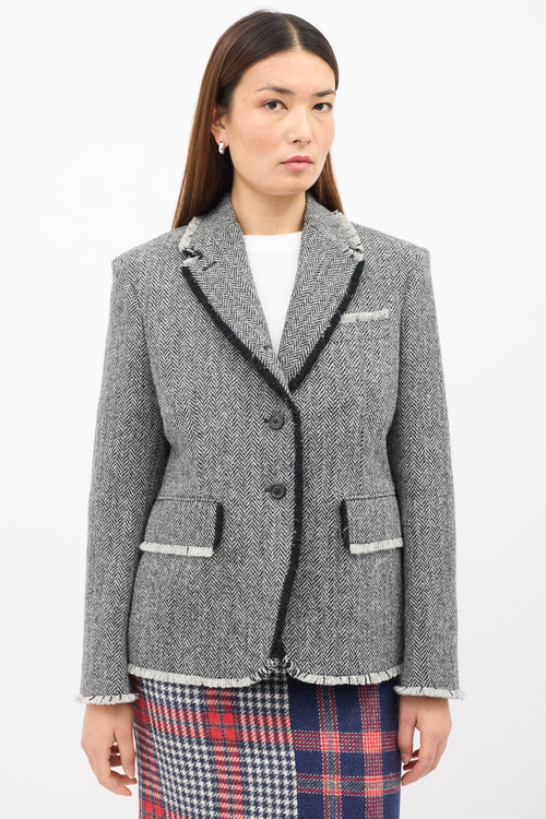 Thom Browne Grey Wool Fringe Trim Blazer