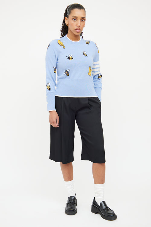 Thom Browne Blue 
White Wool Blend 4 Bar Sweater