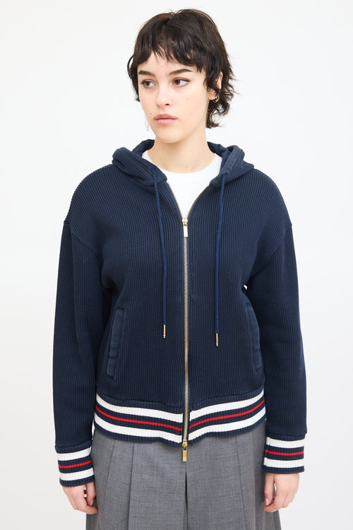 Thom Browne Navy Cotton Ribbed Knit Hoodie