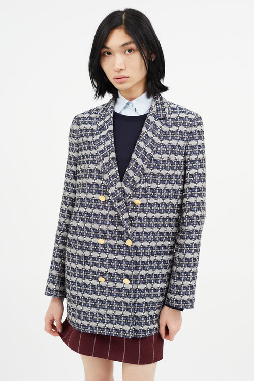 Thom Browne Navy 
Grey Brocade Blazer