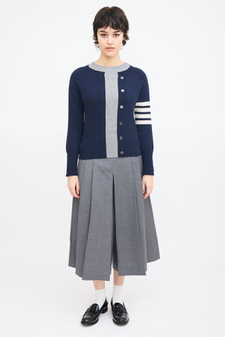 Thom Browne Navy 
Grey Cashmere Four Bar Sweater