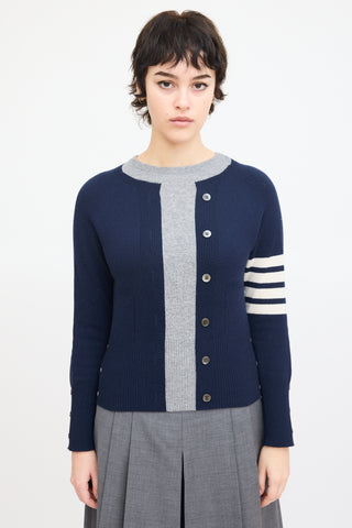 Thom Browne Navy 
Grey Cashmere Four Bar Sweater