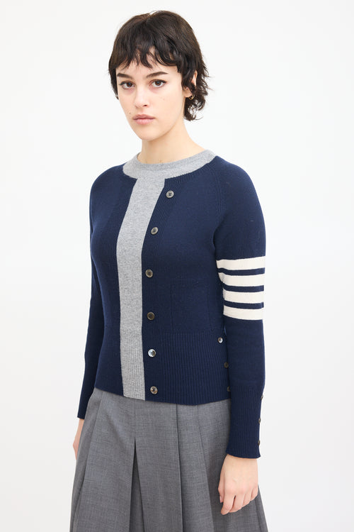 Thom Browne Navy 
Grey Cashmere Four Bar Sweater