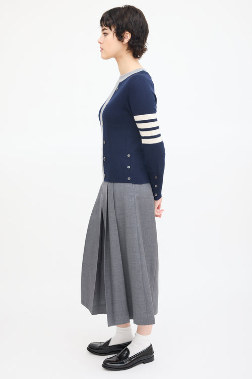 Thom Browne Navy 
Grey Cashmere Four Bar Sweater