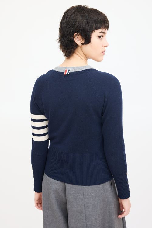 Thom Browne Navy 
Grey Cashmere Four Bar Sweater