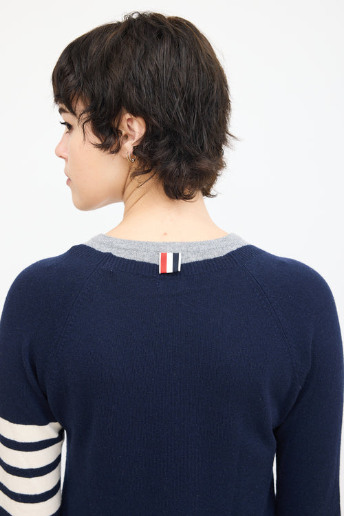 Thom Browne Navy 
Grey Cashmere Four Bar Sweater