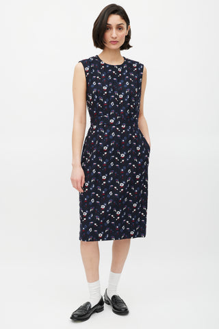 Thom Browne Navy 
Multicolour Floral Embroidered Sheath Dress