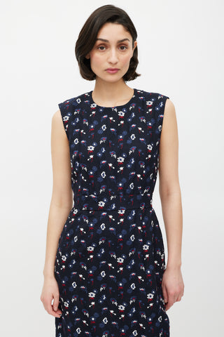 Thom Browne Navy 
Multicolour Floral Embroidered Sheath Dress