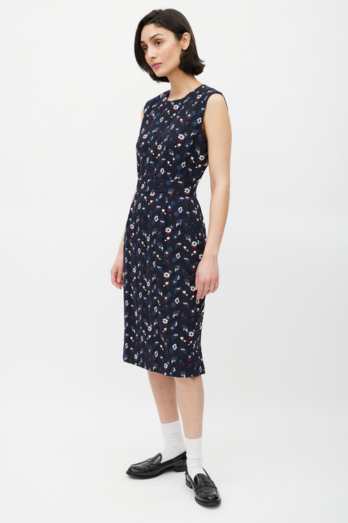 Thom Browne Navy 
Multicolour Floral Embroidered Sheath Dress