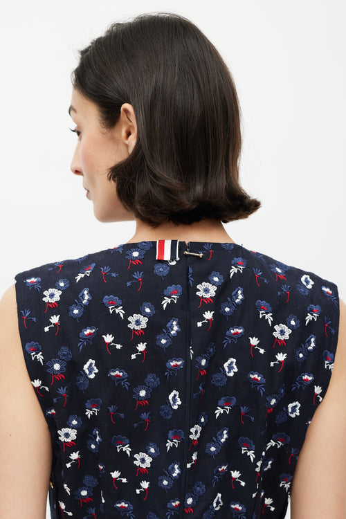 Thom Browne Navy 
Multicolour Floral Embroidered Sheath Dress