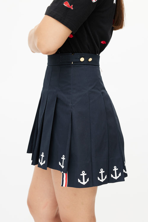 Thom Browne Navy Pleated Anchor Skirt