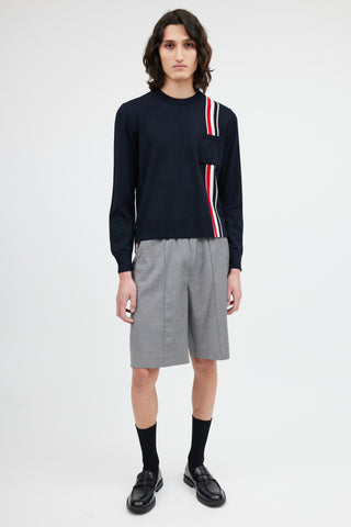 Thom Browne Navy Wool Stripe Pocket Sweater