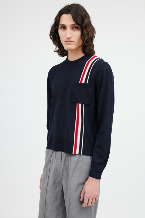 Thom Browne Navy Wool Stripe Pocket Sweater