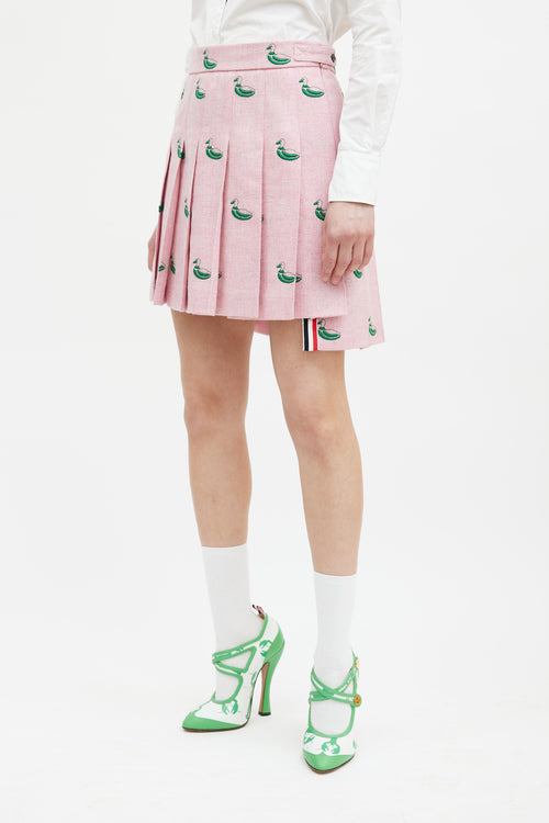 Thom Browne Pink 
Green Embroidered Pleated Skirt