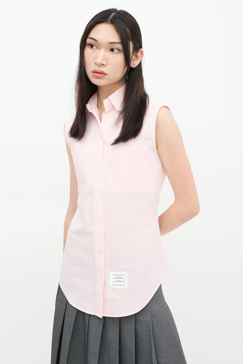 Thom Browne Pink 
White Striped Seersucker Shirt