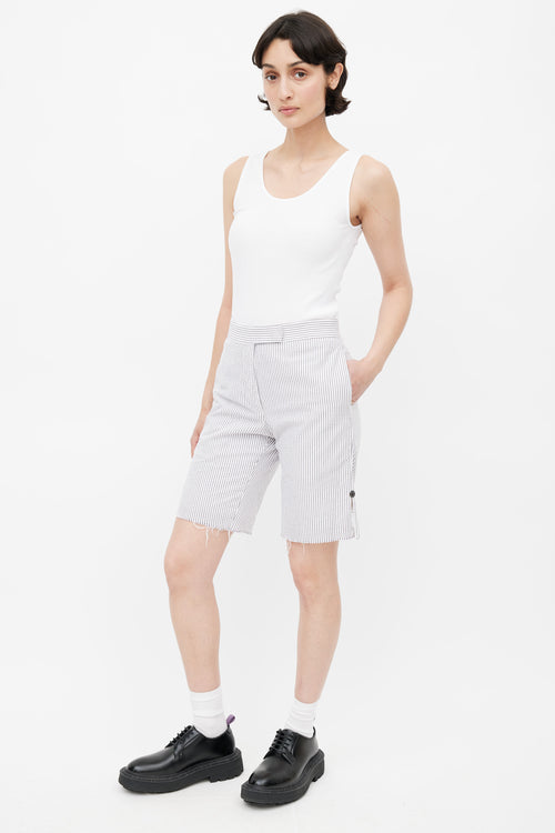 Thom Browne White 
Grey Stripe Raw Hem Shorts