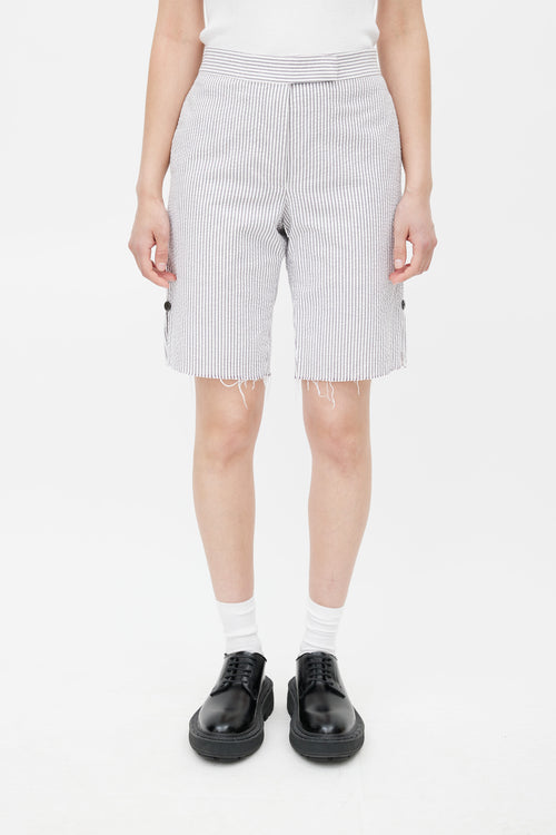 Thom Browne White 
Grey Stripe Raw Hem Shorts