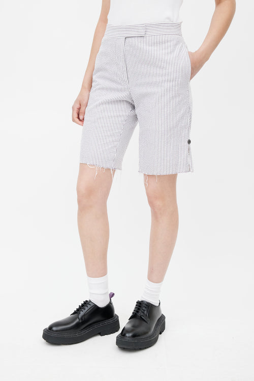 Thom Browne White 
Grey Stripe Raw Hem Shorts