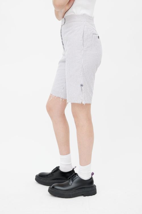 Thom Browne White 
Grey Stripe Raw Hem Shorts