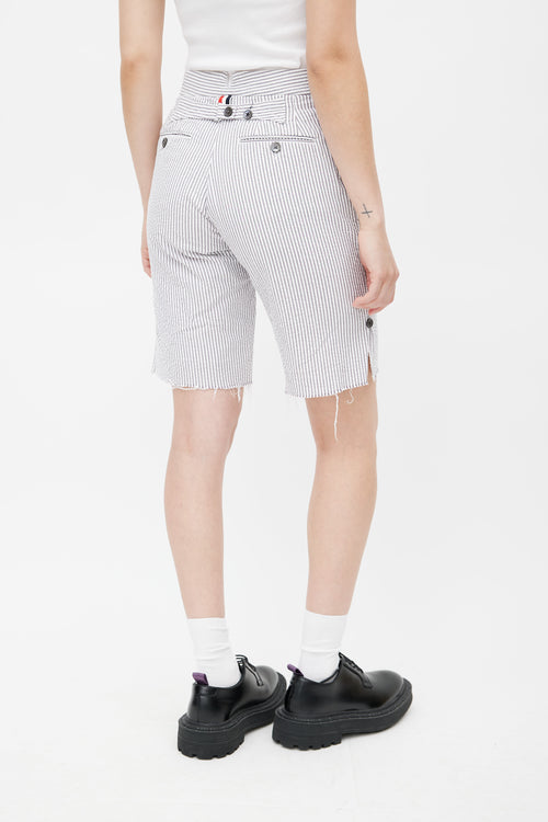 Thom Browne White 
Grey Stripe Raw Hem Shorts