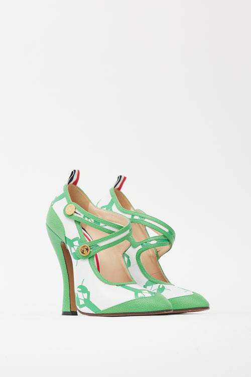 Thom Browne Green 
White Patterned Mary Jane Heel