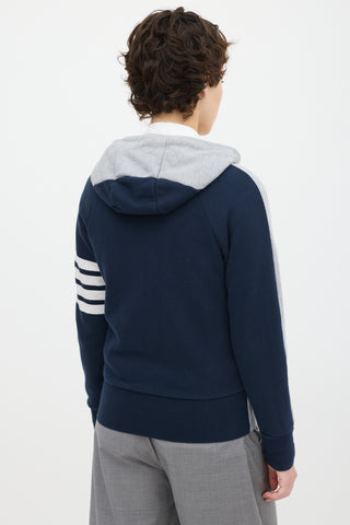 Thom Browne Grey 
Navy Colour Blocked Four Bar Zip Hoodie