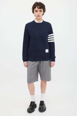 Thom Browne Navy Cotton Buttoned Hem Four Bar Crewneck